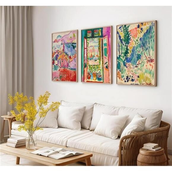 Colorful abstract wall art set of 3 pink canvas prints boho artwork for bedroom - Picture 5 of 8
